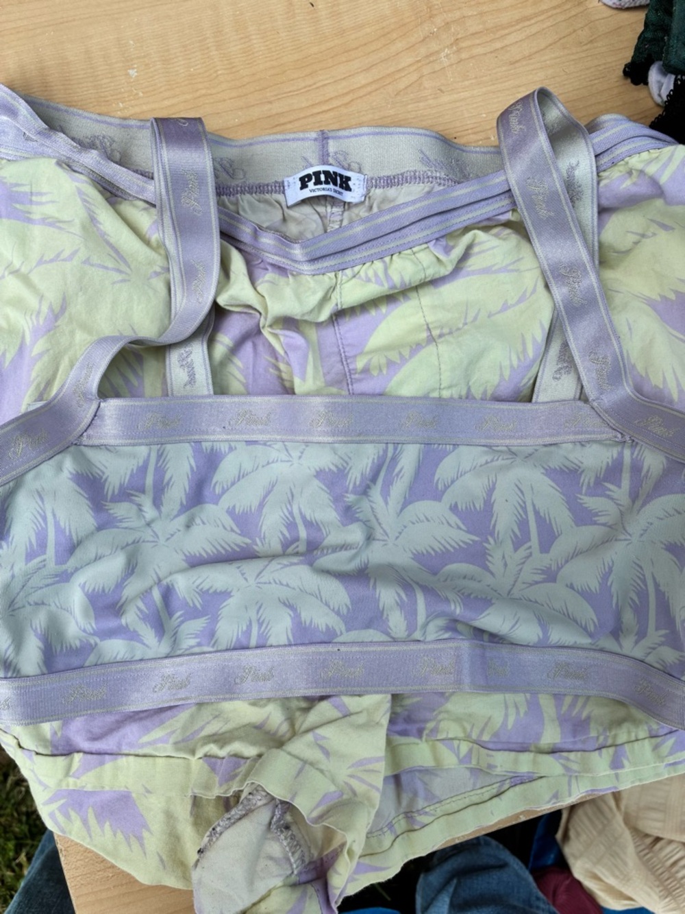 PINK Lavender & Light Yellow Palm-Print Bralette & Short Set